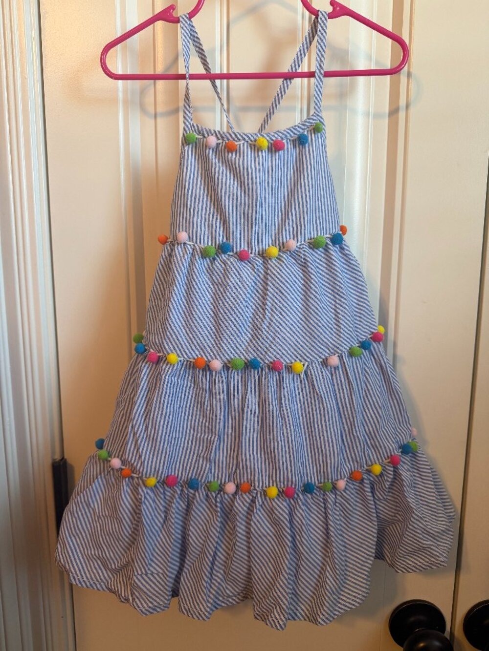 Tommy Bahama Blue and White Tiered dress with pom poms